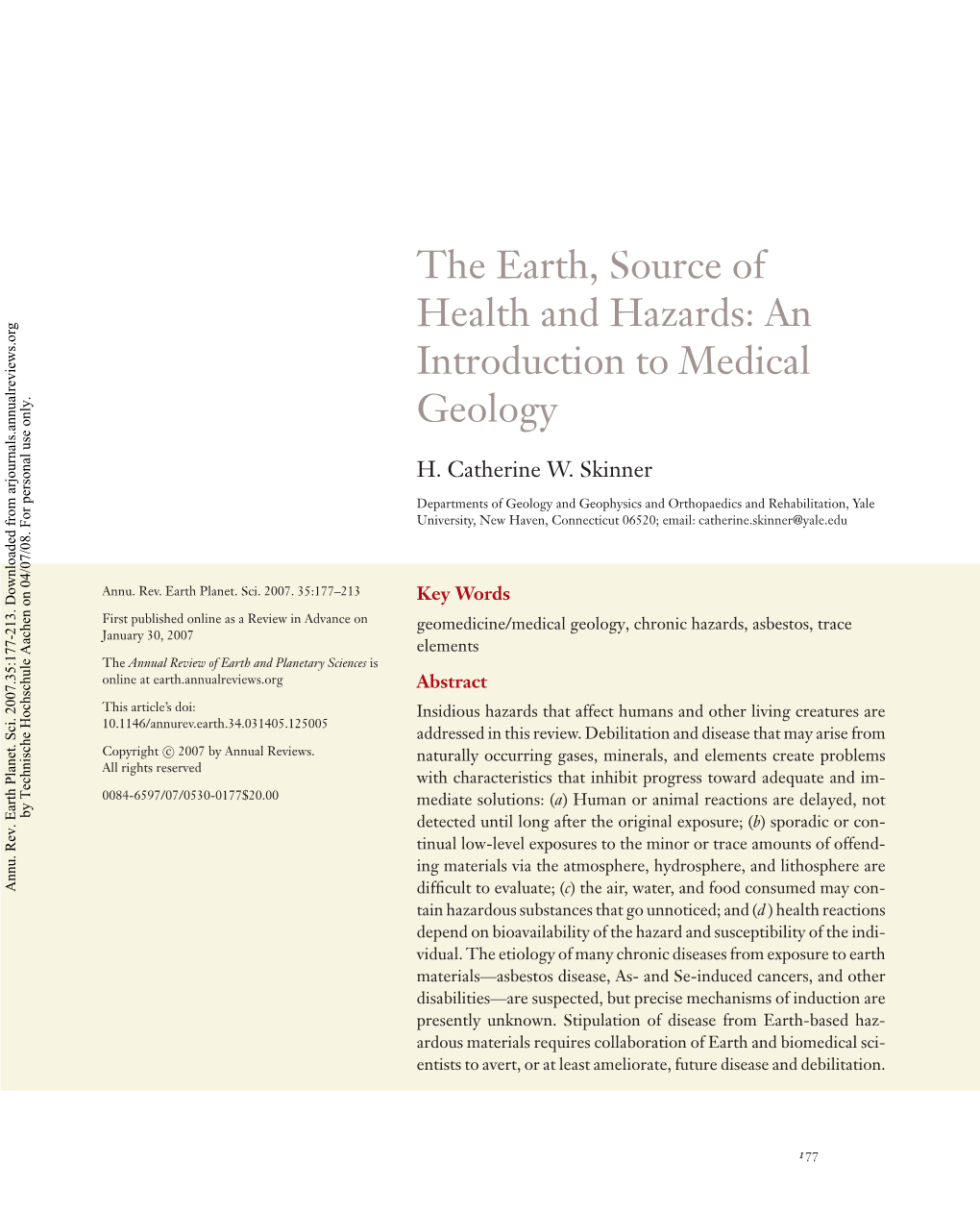 The Earth, Source of Health and Hazards: an Introduction to Medical Geology