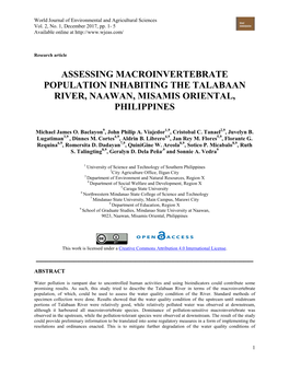 Assessing Macroinvertebrate Population Inhabiting the Talabaan River, Naawan, Misamis Oriental, Philippines
