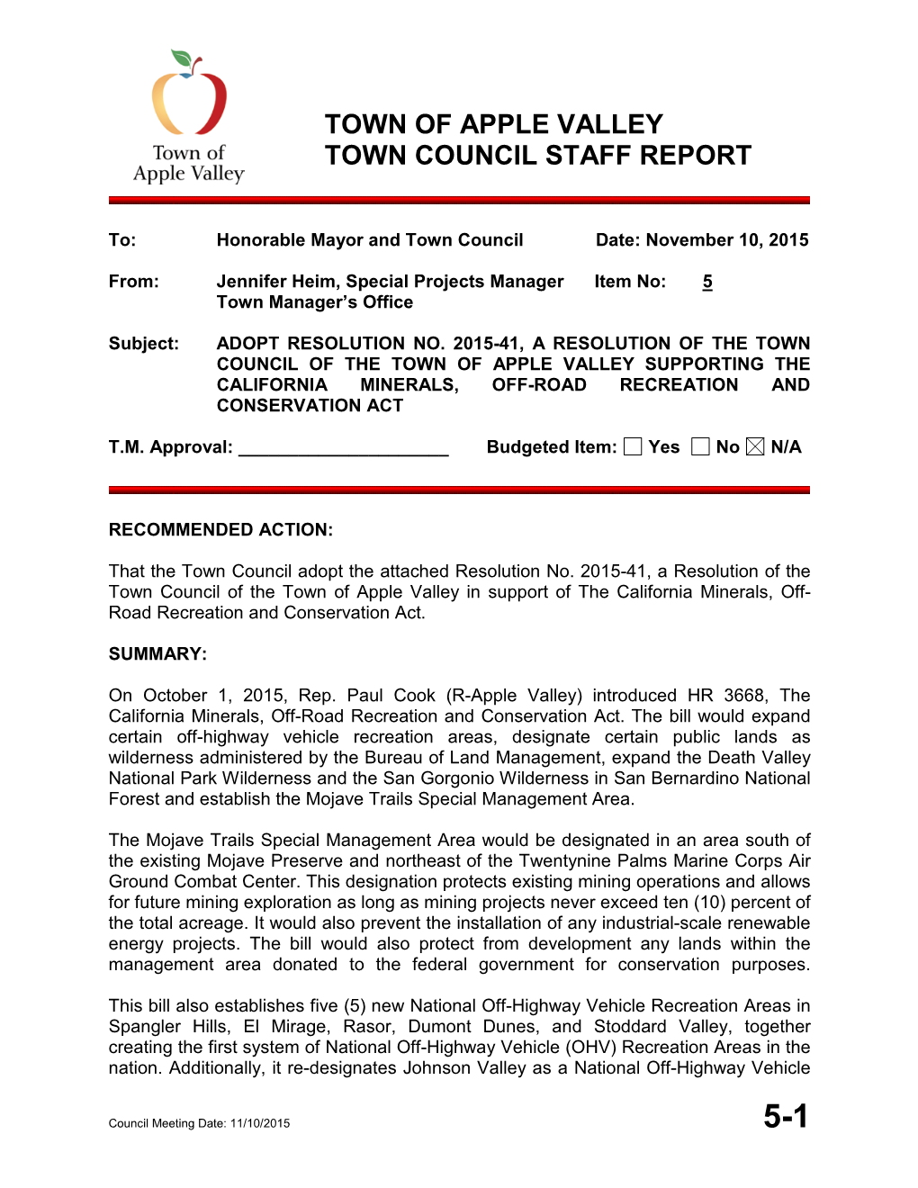 Town of Apple Valley Town Council Staff Report