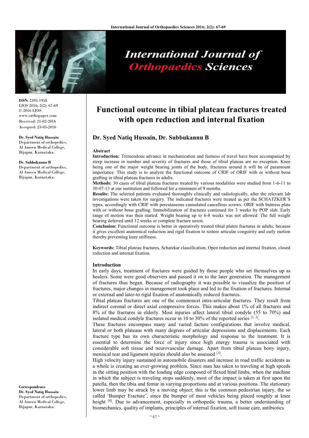 Functional Outcome in Tibial Plateau Fractures Treated with Open Reduction and Internal Fixation