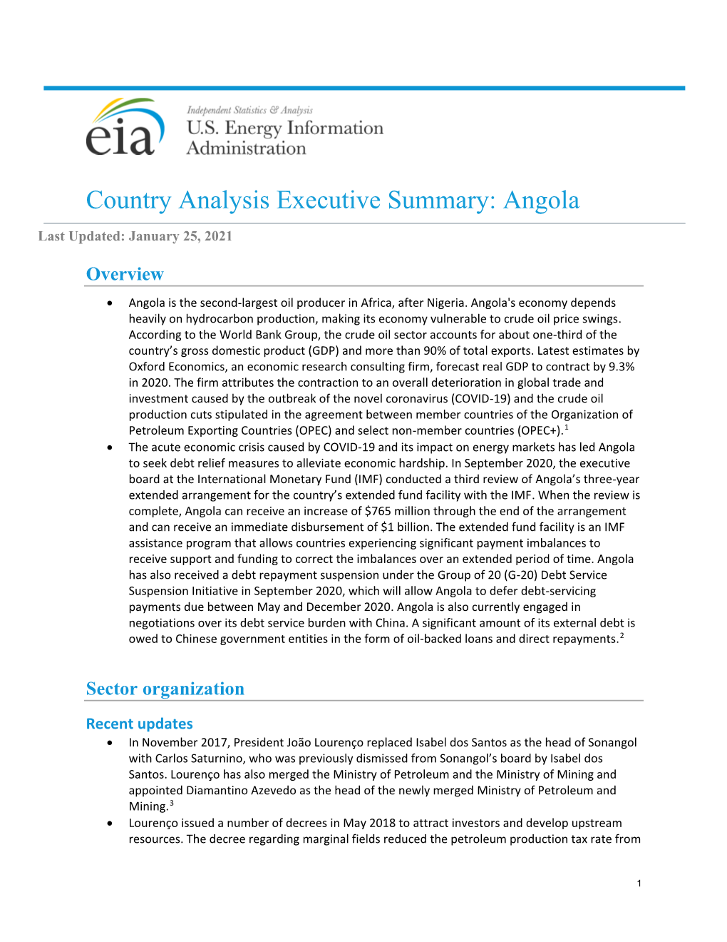 Country Analysis Executive Summary: Angola Last Updated: January 25, 2021