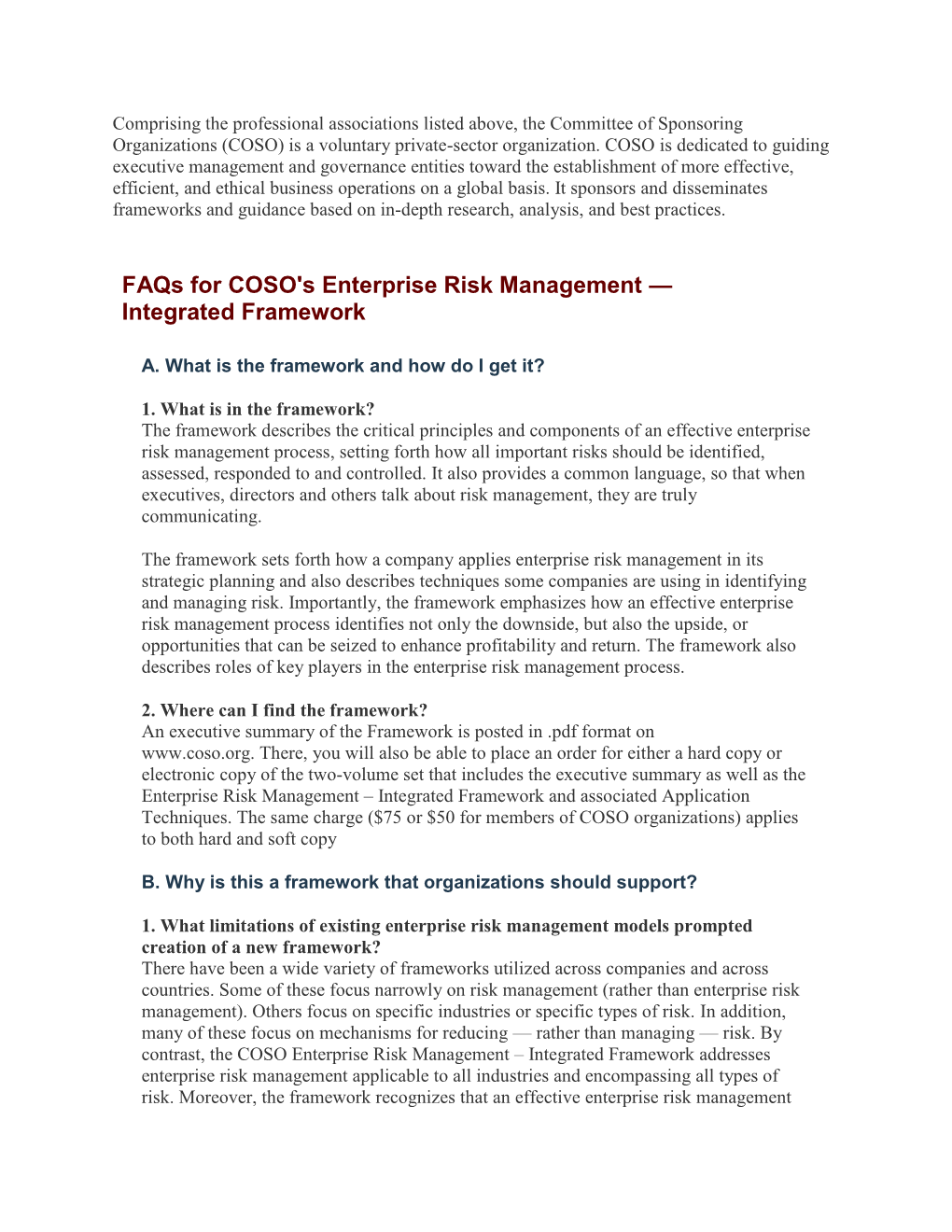Faqs for COSO's Enterprise Risk Management — Integrated Framework