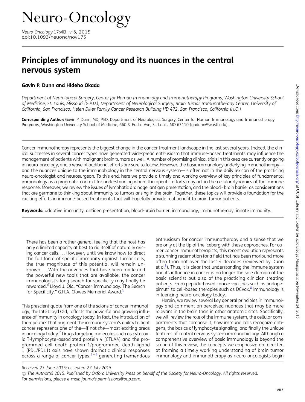 Neuro-Oncology Neuro-Oncology 17:Vii3–Vii8, 2015 Doi:10.1093/Neuonc/Nov175