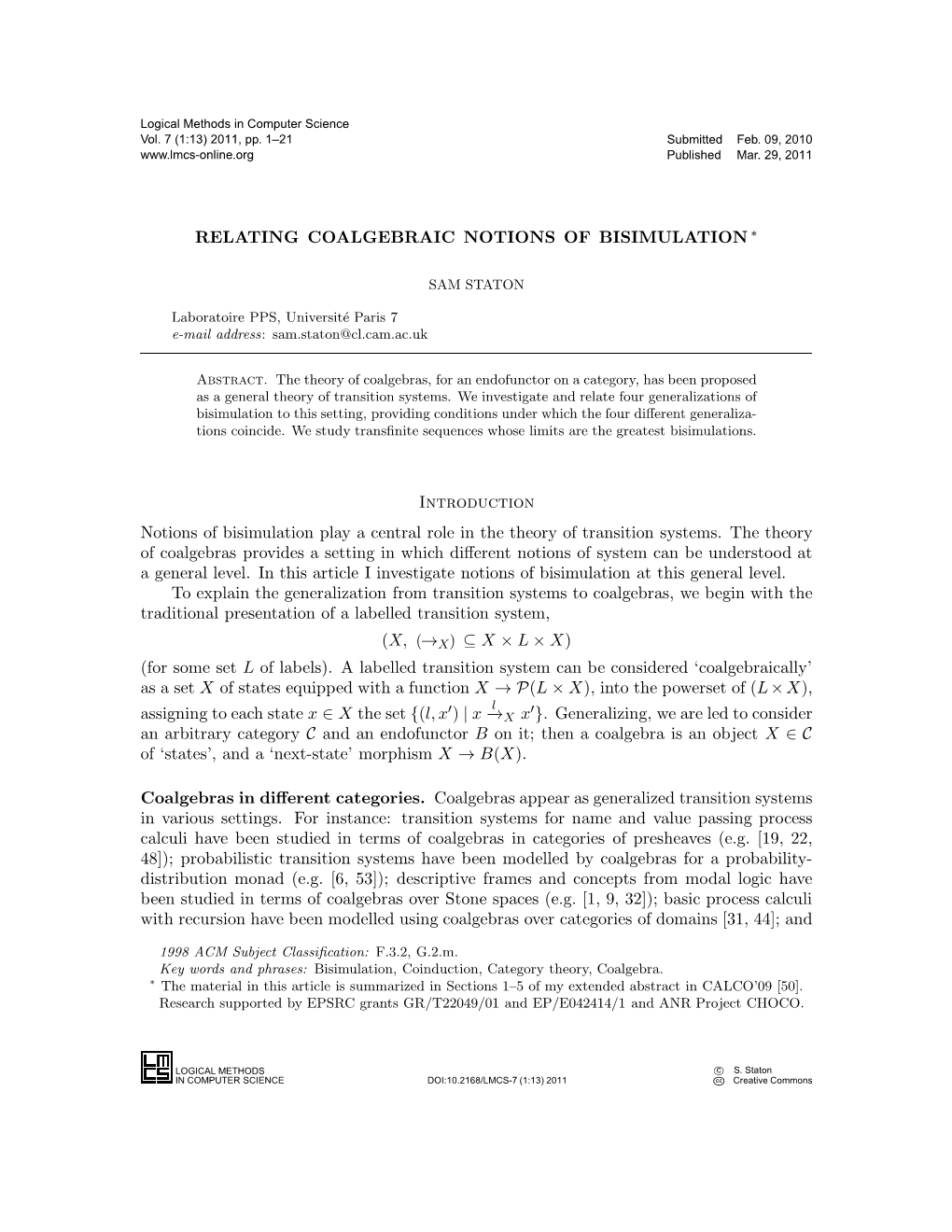 RELATING COALGEBRAIC NOTIONS of BISIMULATION∗ Introduction