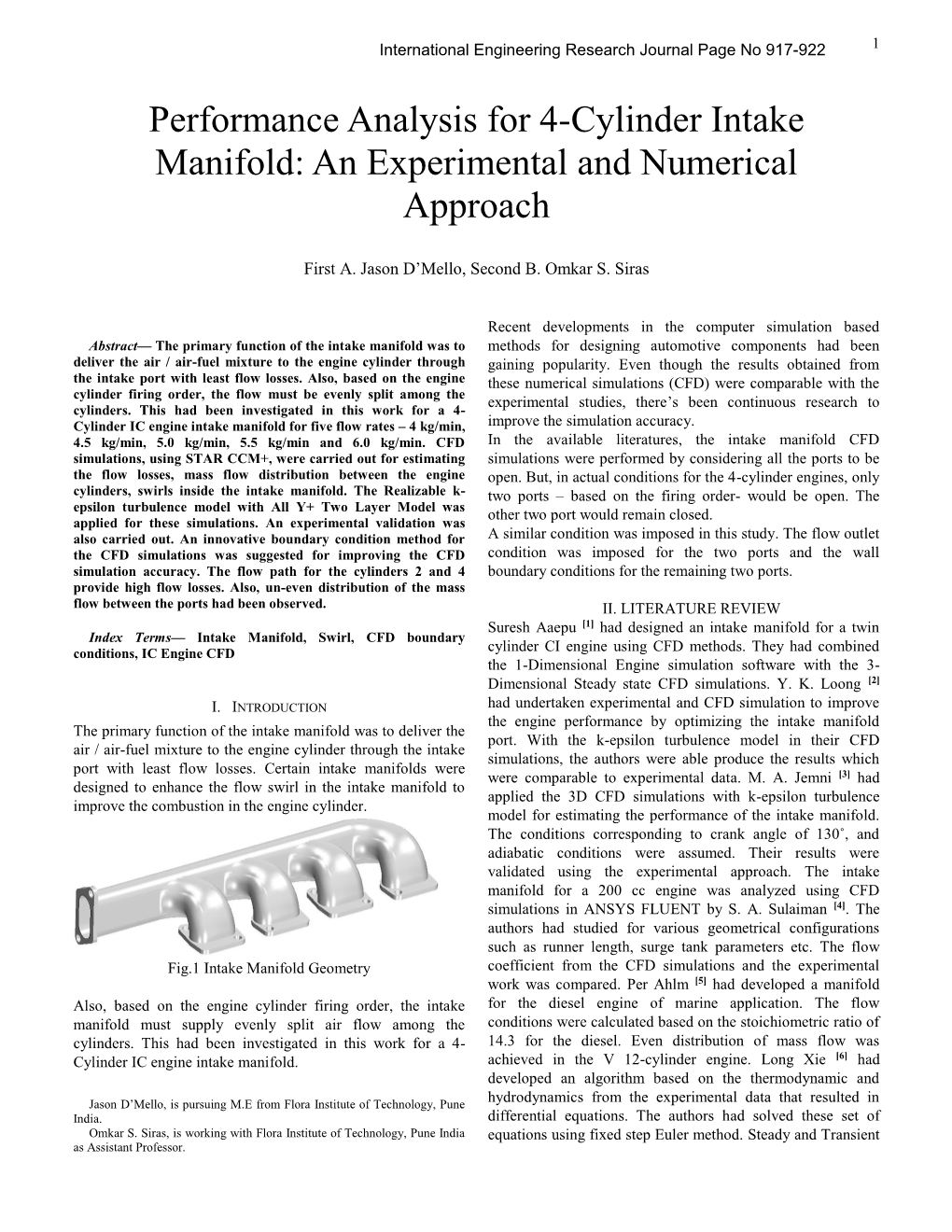 Performance Analysis for 4-Cylinder Intake Manifold: an Experimental and Numerical Approach