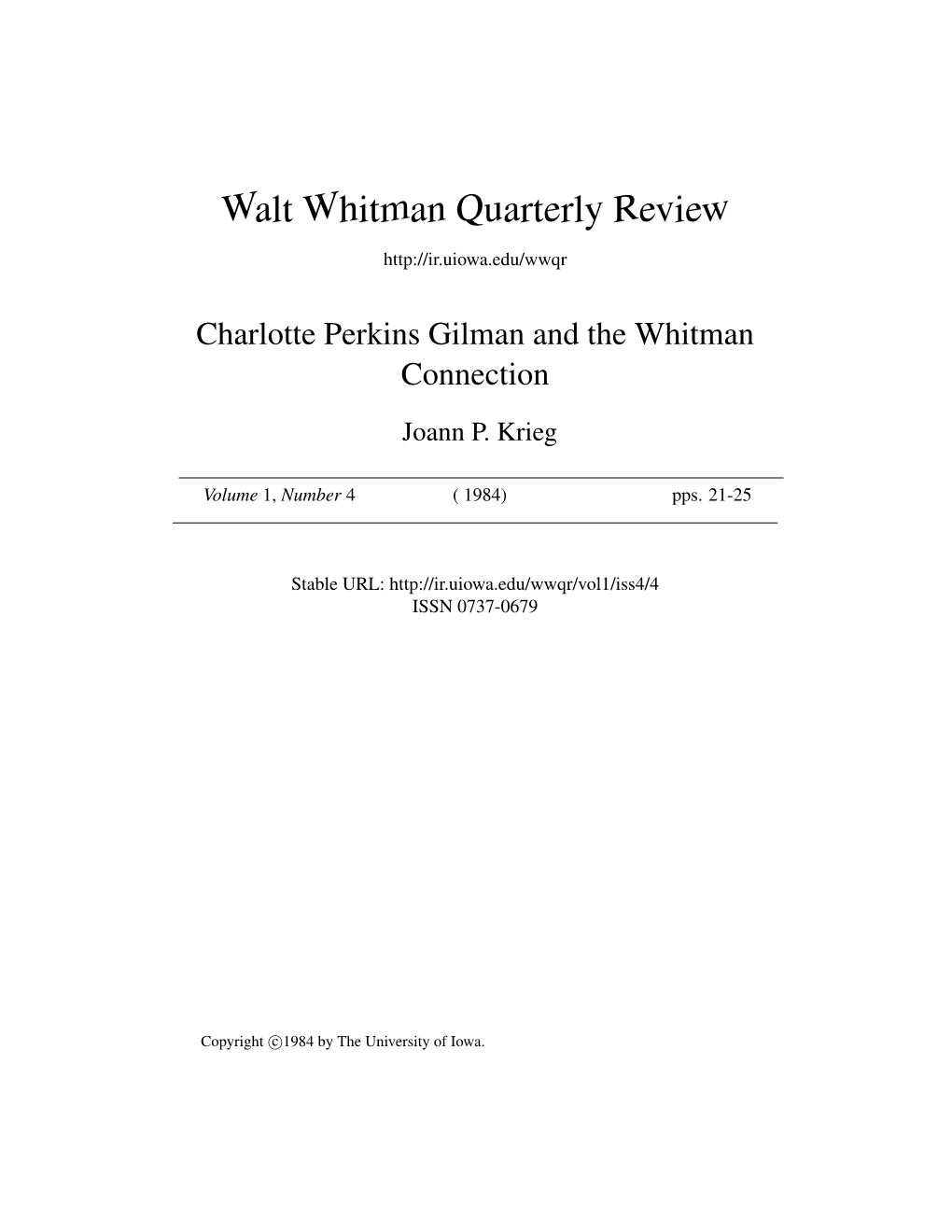 Walt Whitman Quarterly Review