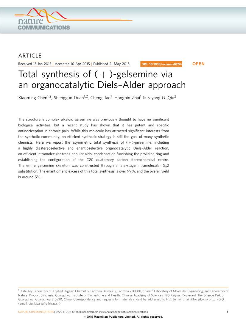 Total Synthesis of ( Þ )-Gelsemine Via an Organocatalytic Diels–Alder Approach