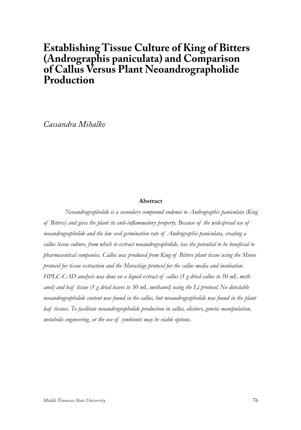 Establishing Tissue Culture of King of Bitters (Andrographis Paniculata) and Comparison of Callus Versus Plant Neoandrographolide Production