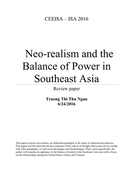 Neo-Realism and the Balance of Power in Southeast Asia Review Paper
