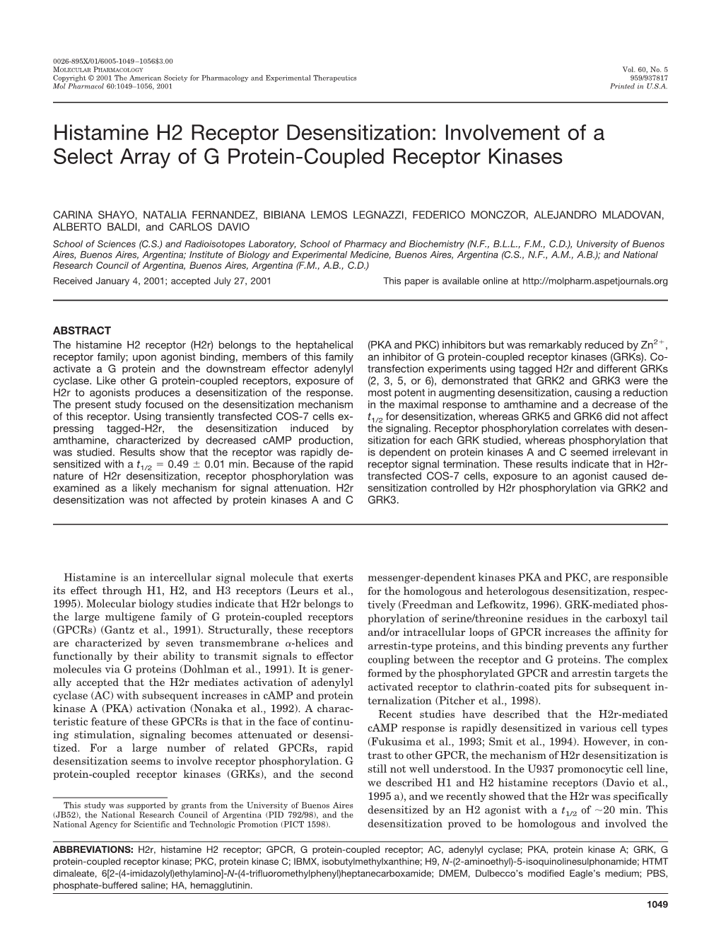 Histamine H2 Receptor Desensitization: Involvement of a Select Array of G Protein-Coupled Receptor Kinases