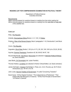 Reading List for Comprehensive Examination in Political Theory