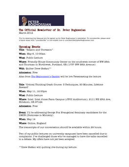 The Official Newsletter of Dr. Peter Boghossian Upcoming Events