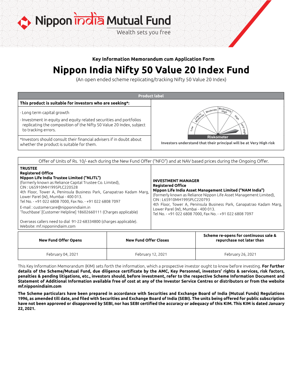 Nippon India Nifty 50 Value 20 Index Fund (An Open Ended Scheme ...