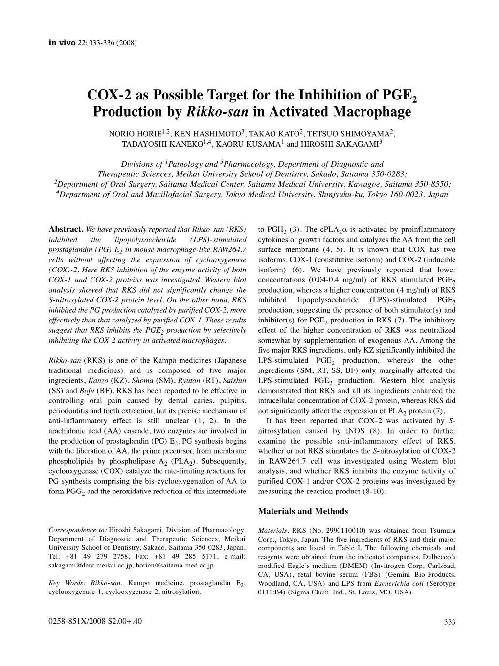 COX-2 As Possible Target for the Inhibition of PGE2 Production by Rikko-San in Activated Macrophage