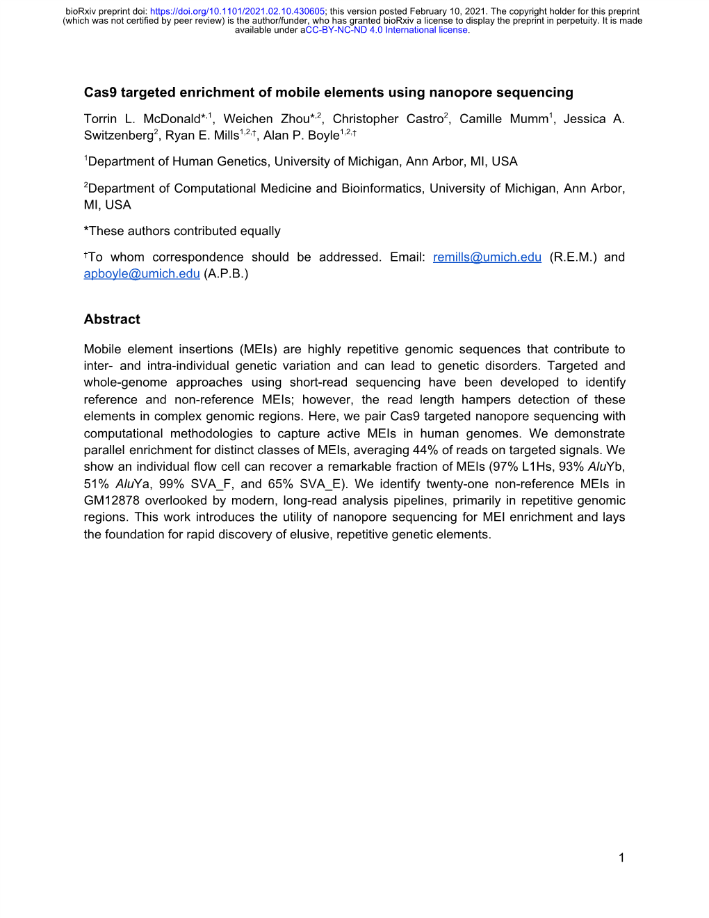 Cas9 Targeted Enrichment of Mobile Elements Using Nanopore Sequencing