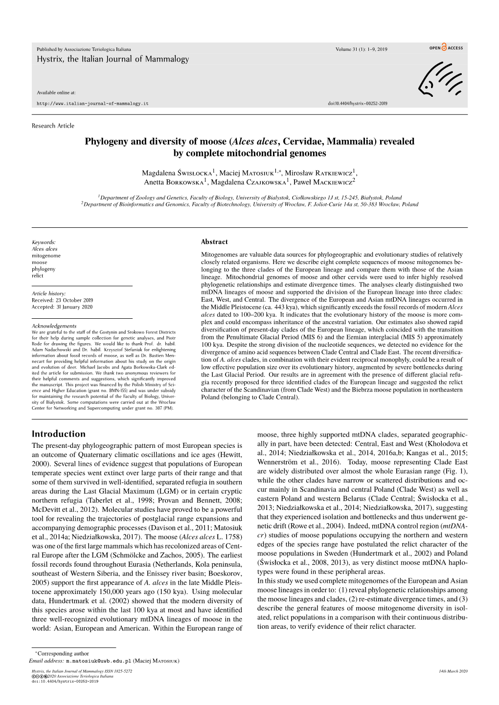 Phylogeny and Diversity of Moose (Alces Alces, Cervidae, Mammalia) Revealed by Complete Mitochondrial Genomes