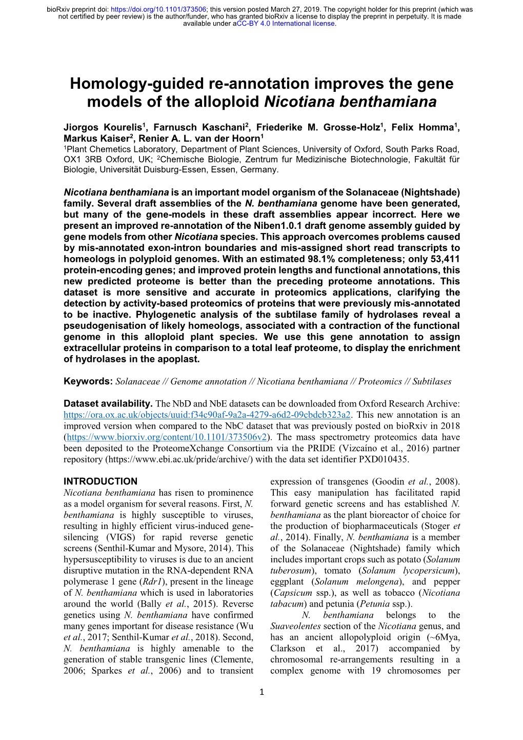 Homology-Guided Re-Annotation Improves the Gene Models of the Alloploid Nicotiana Benthamiana