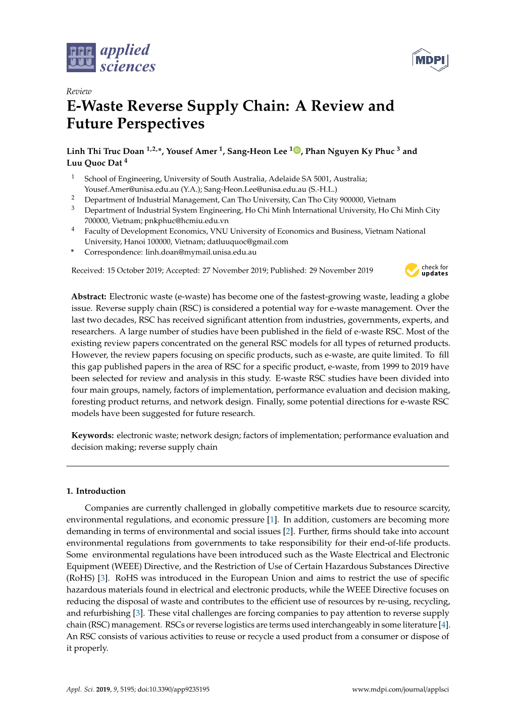 E-Waste Reverse Supply Chain: a Review and Future Perspectives