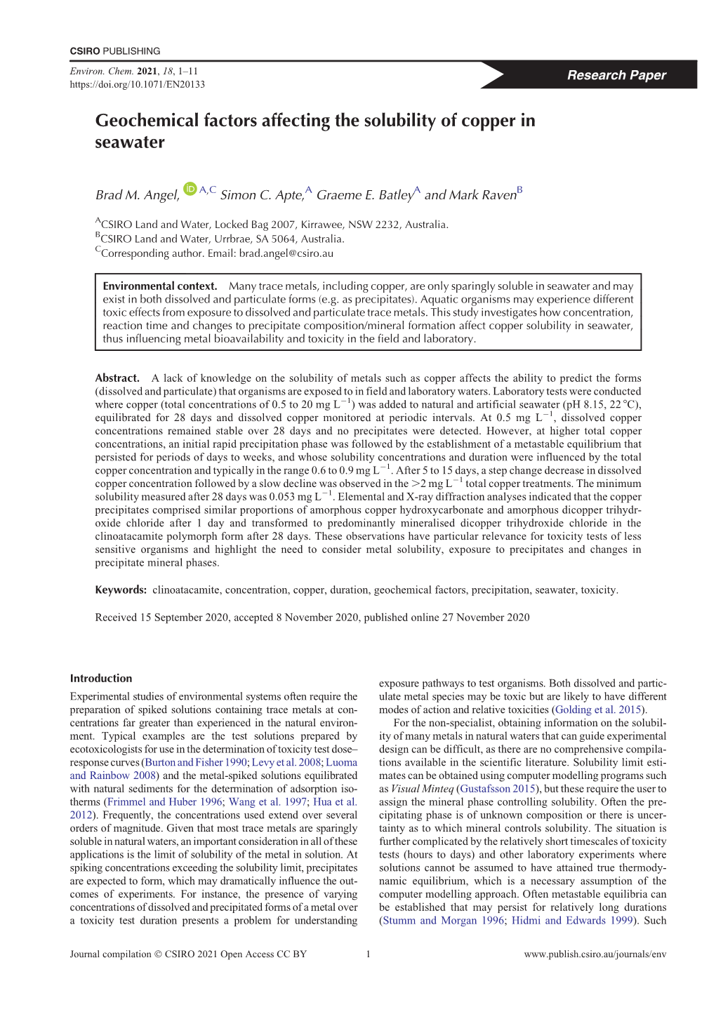 Geochemical Factors Affecting the Solubility of Copper in Seawater