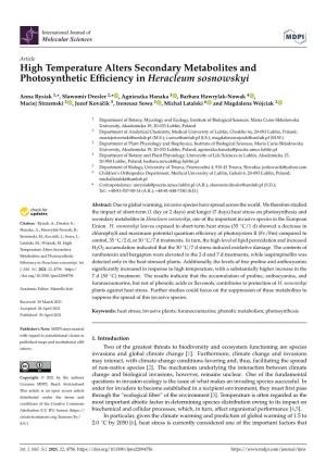 High Temperature Alters Secondary Metabolites and Photosynthetic Efficiency in Heracleum Sosnowskyi