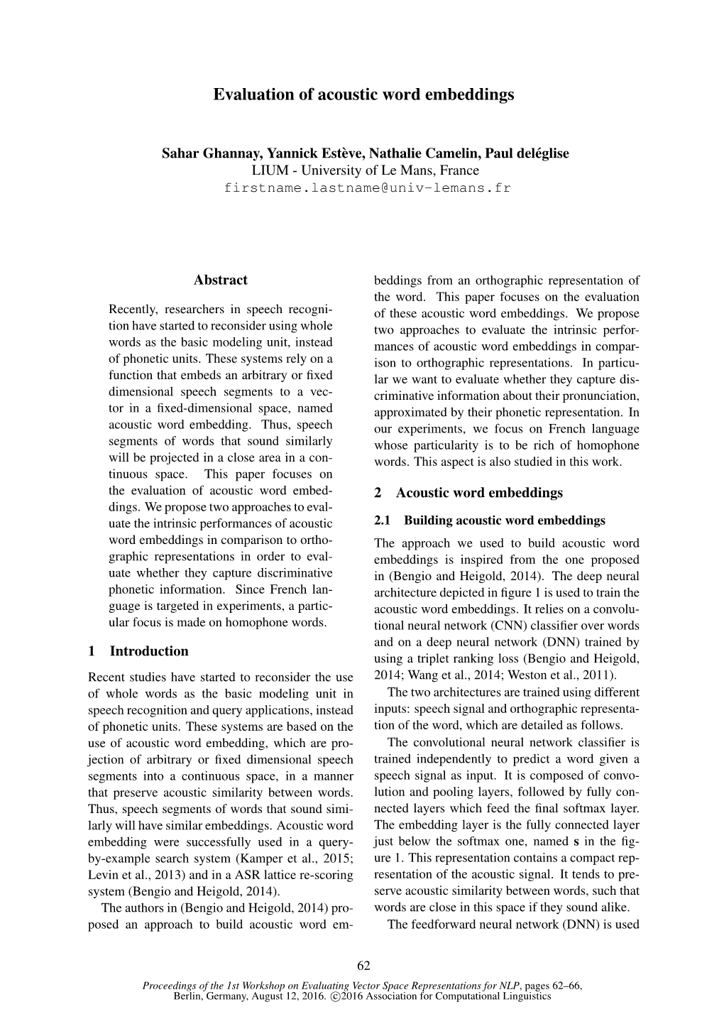 Evaluation of Acoustic Word Embeddings