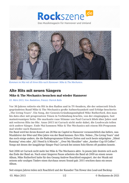 Alte Hits Mit Neuen Sängern Mike & the Mechanics Besuchen Mal Wieder Hannover