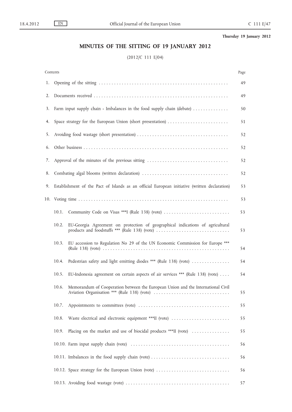 Minutes of the Sitting of 19 January 2012