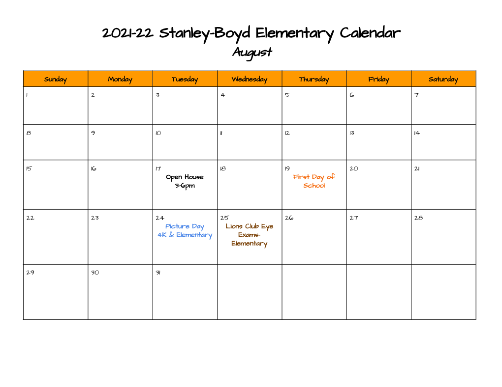 2021-22 Stanley-Boyd Elementary Calendar August