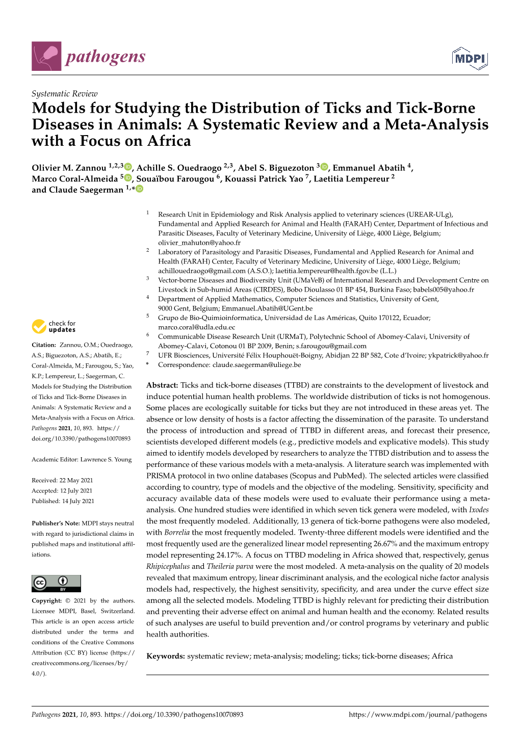 Models for Studying the Distribution of Ticks and Tick-Borne Diseases in Animals: a Systematic Review and a Meta-Analysis with a Focus on Africa