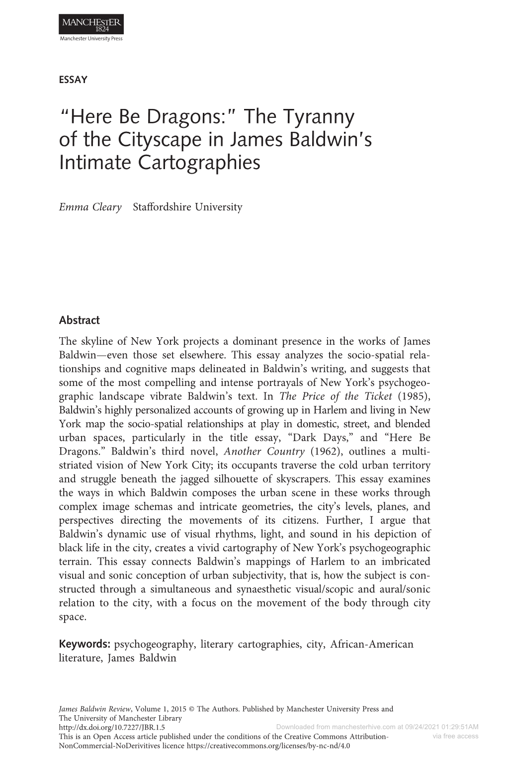 “Here Be Dragons:” the Tyranny of the Cityscape in James Baldwin's Intimate Cartographies