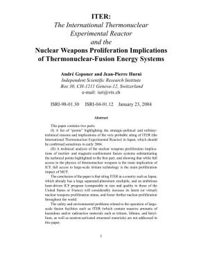 ITER: the International Thermonuclear Experimental Reactor and the Nuclear Weapons Proliferation Implications of Thermonuclear-Fusion Energy Systems