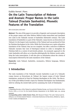 On the Latin Transcription of Hebrew and Aramaic Proper Names in the Latin Talmud (Tractate Sanhedrin)