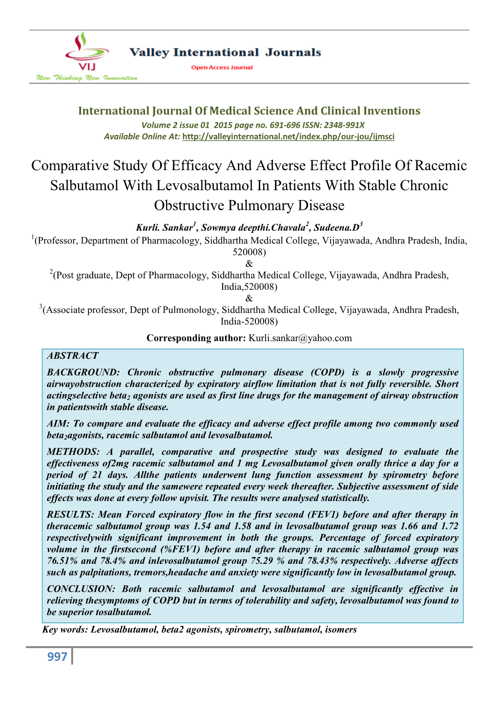 Comparative Study of Efficacy and Adverse Effect Profile of Racemic Salbutamol with Levosalbutamol in Patients with Stable Chronic Obstructive Pulmonary Disease Kurli
