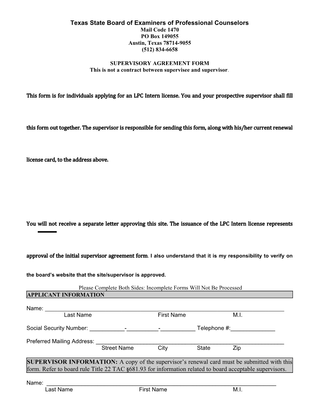 LPC Supervisor Agreement Form