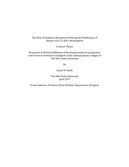 The Role of Audience Reception Following the Publication of Harper Lee’S to Kill a Mockingbird