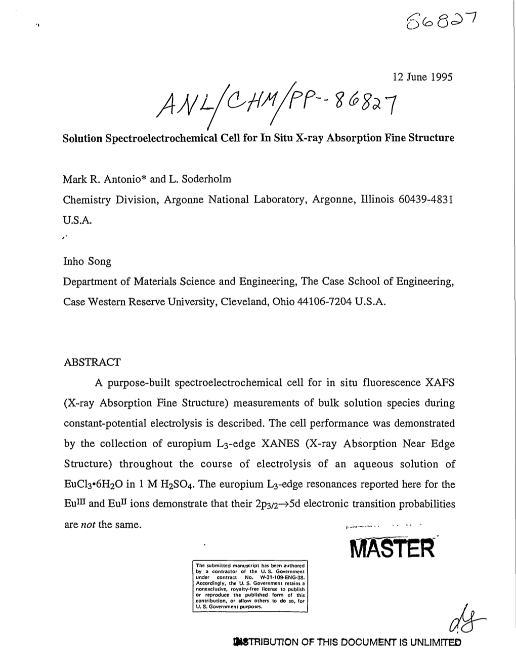 Solution Spectroelectrochemical Cell for in Situ X-Ray Absorption Fine Structure