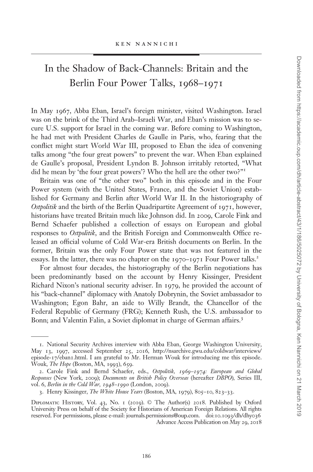 In the Shadow of Back-Channels: Britain and the Berlin Four Power Talks, 1968–1971