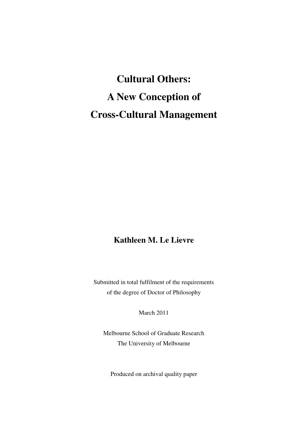 Cultural Others: a New Conception of Cross-Cultural Management