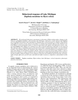 Behavioral Response of Lake Michigan Daphnia Mendotae to Mysis Relicta