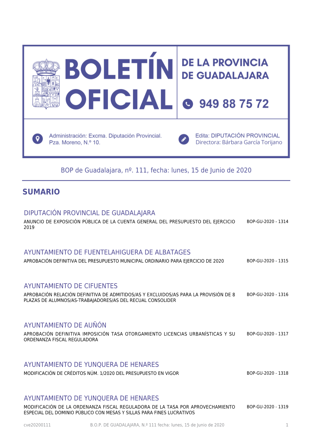 BOP De Guadalajara, Nº. 111, Fecha: Lunes, 15 De Junio De 2020