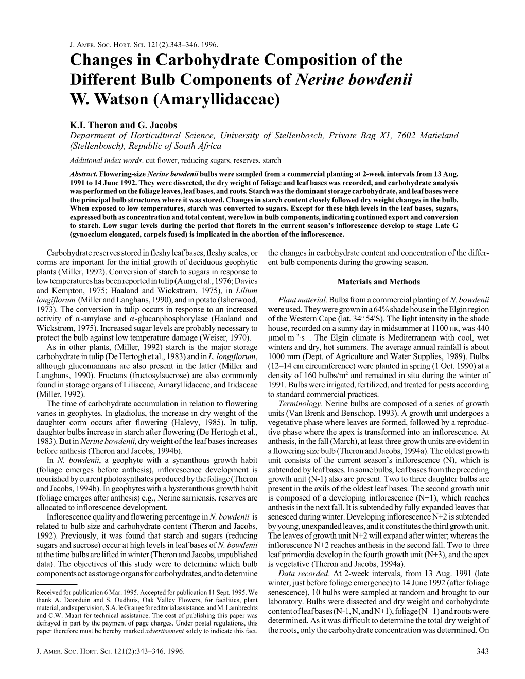 Changes in Carbohydrate Composition of the Different Bulb Components of Nerine Bowdenii W