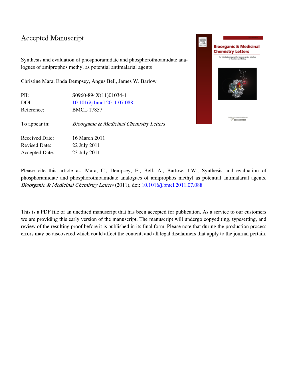 Synthesis and Evaluation of Phosphoramidate and Phosphorothioamidate Ana‐ Logues of Amiprophos Methyl As Potential Antimalarial Agents