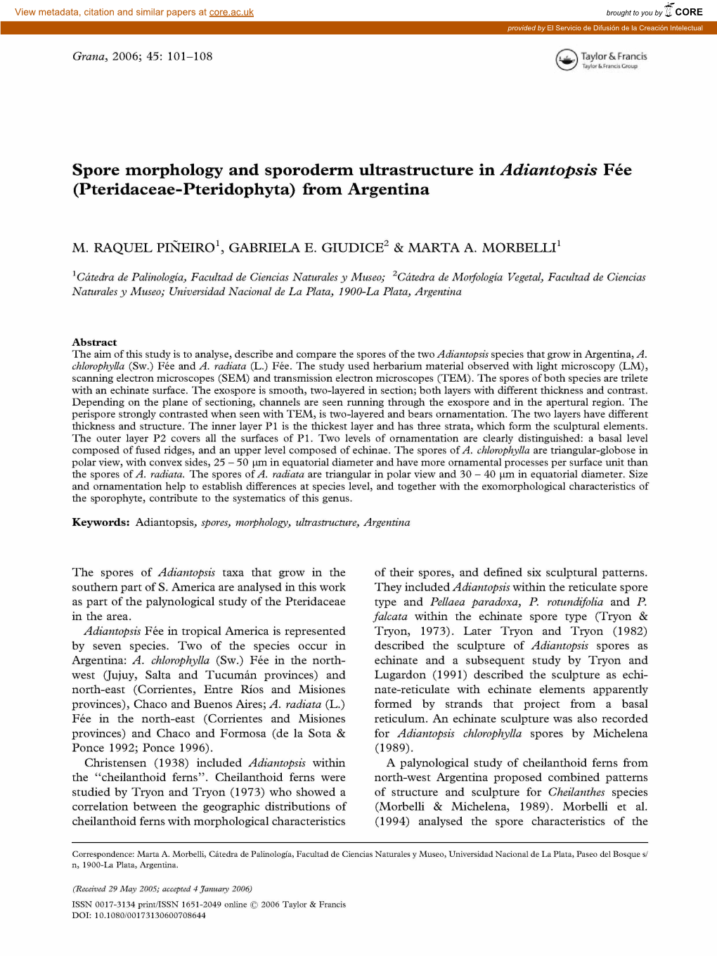 Spore Morphology and Sporoderm Ultrastructure in Adiantopsis Fe´E (Pteridaceae-Pteridophyta) from Argentina