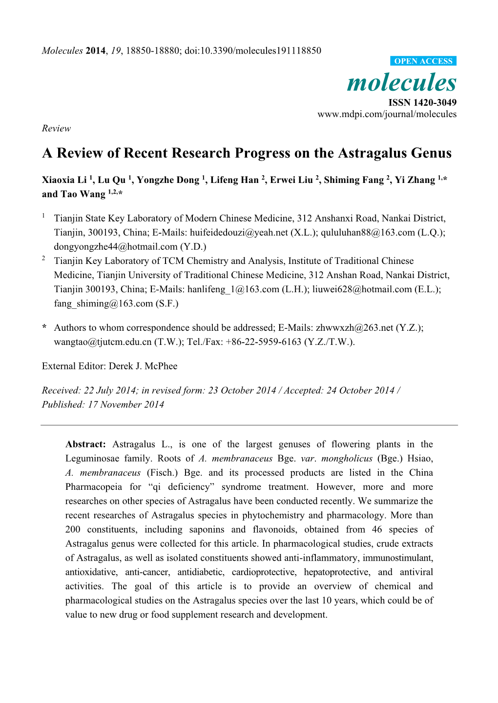 A Review of Recent Research Progress on the Astragalus Genus