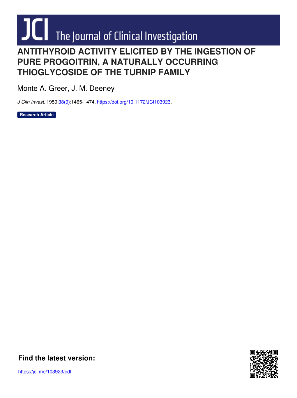 Antithyroid Activity Elicited by the Ingestion of Pure Progoitrin, a Naturally Occurring Thioglycoside of the Turnip Family