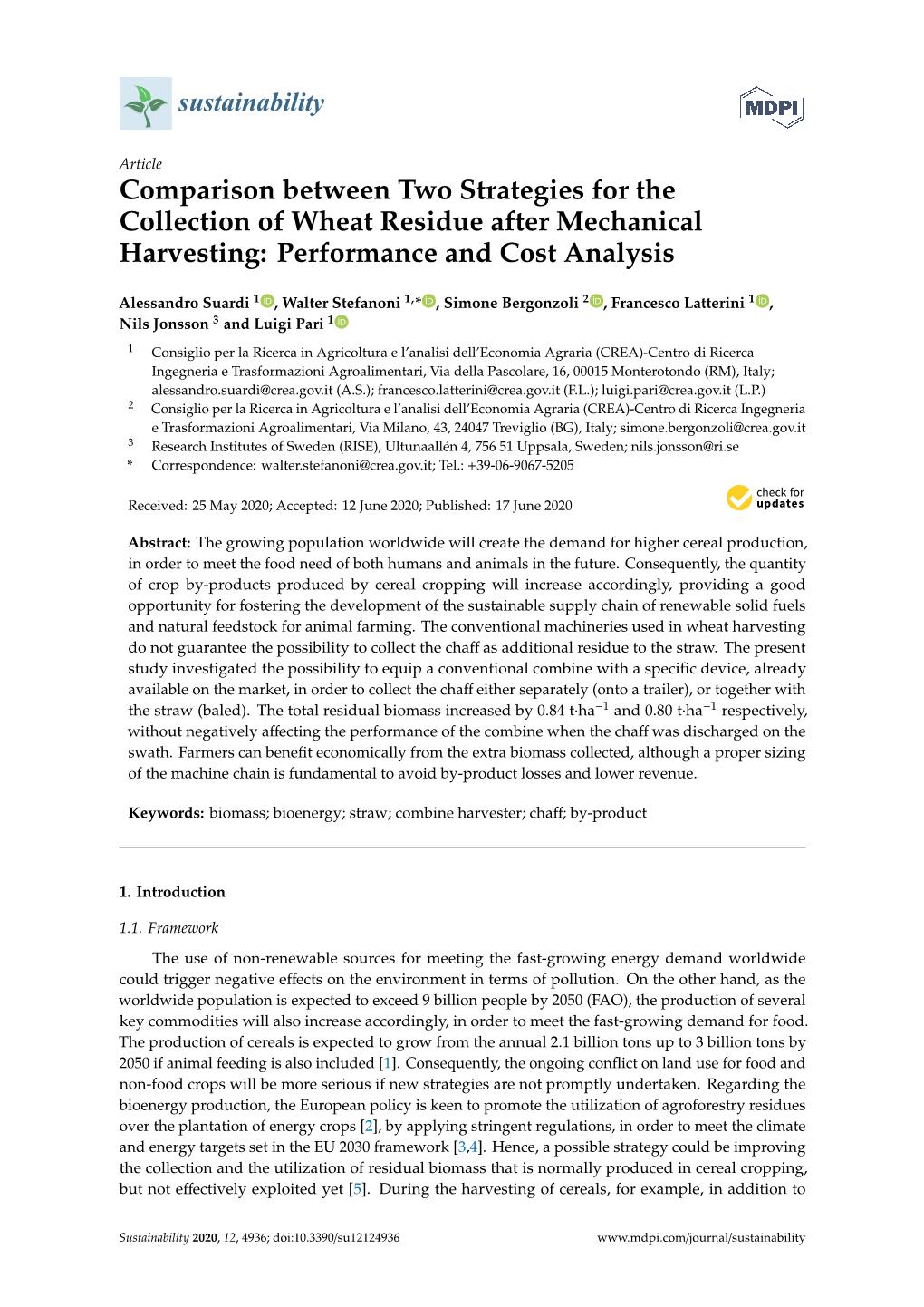 Comparison Between Two Strategies for the Collection of Wheat Residue After Mechanical Harvesting: Performance and Cost Analysis