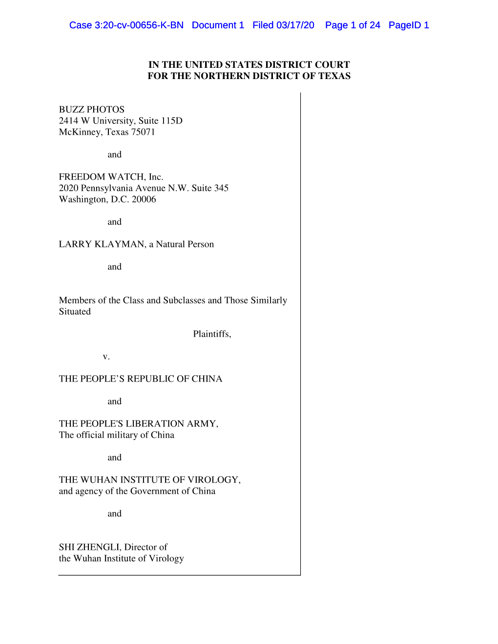 Case 3:20-Cv-00656-K-BN Document 1 Filed 03/17/20 Page 1 of 24 Pageid 1