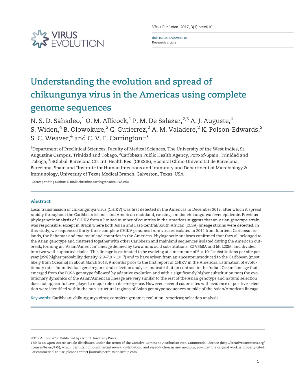 Understanding the Evolution and Spread of Chikungunya Virus in the Americas Using Complete Genome Sequences N