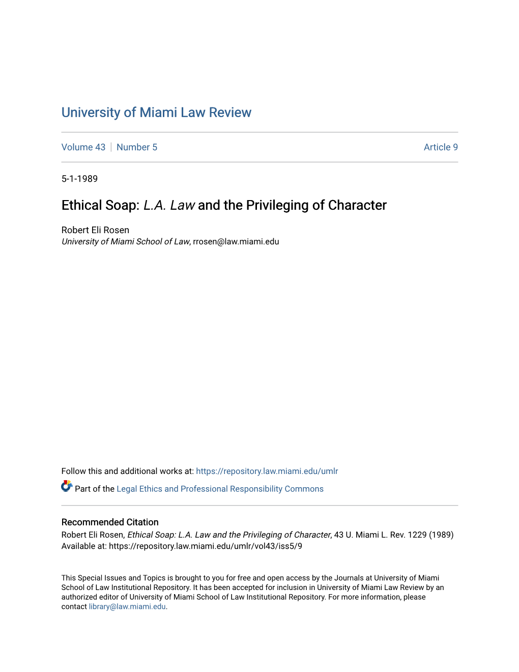 Ethical Soap: L.A. Law and the Privileging of Character