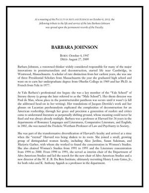 Barbara Johnson Was Spread Upon the Permanent Records of the Faculty